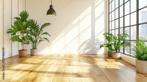 A spacious indoor area features large windows allowing sunlight to stream in, illuminating potted plants and warm wooden flooring, creating a refreshing atmosphere