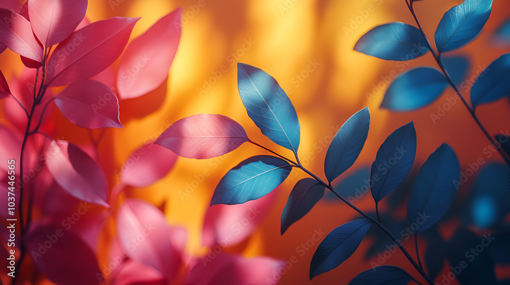 Vibrant leaves casting colorful shadows against a gradient backdrop during the golden hour in an artistic outdoor setting Vibrant leaves casting colorful shadows against a gradient backdrop during the golden hour in an artistic outdoor setting