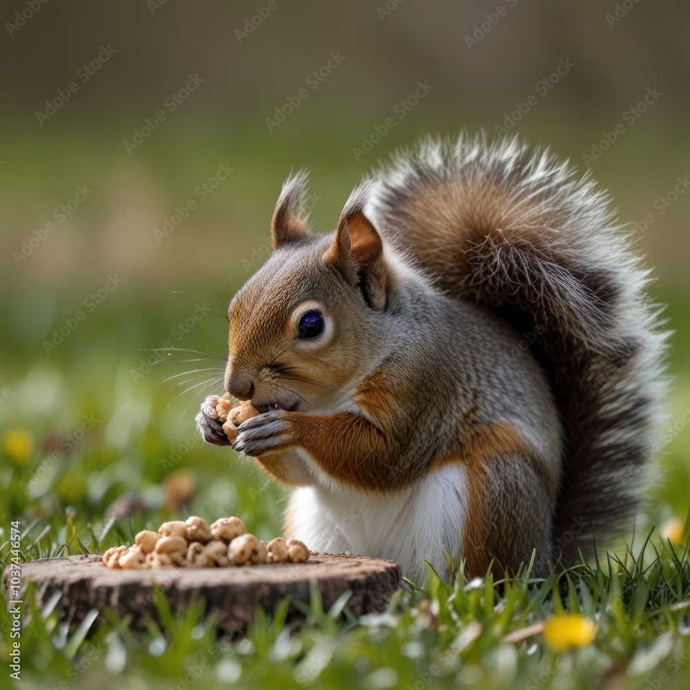 A gray squirrel sits on a tree stump in a grassy area and eats nuts. A gray squirrel sits on a tree stump in a grassy area and eats nuts.