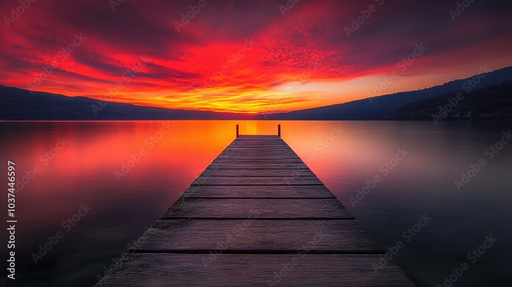 Fototapeta premium Serene Sunset Over Calm Waters and Dock