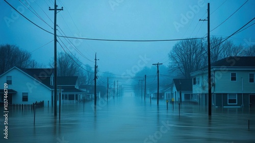 A flooded neighborhood shows homes partially submerged in water with only the upper levels visible. Utility poles stand in the flooded street, highlighting the impact of heavy rainfall