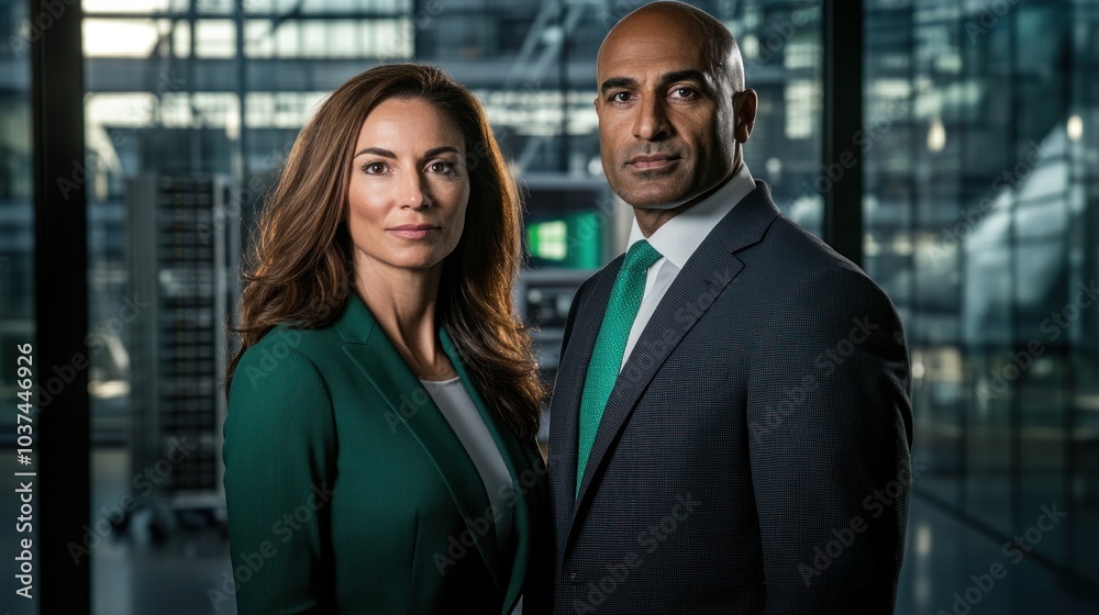 Two business professionals stand confidently side by side in a sleek office Two business professionals stand confidently side by side in a sleek office