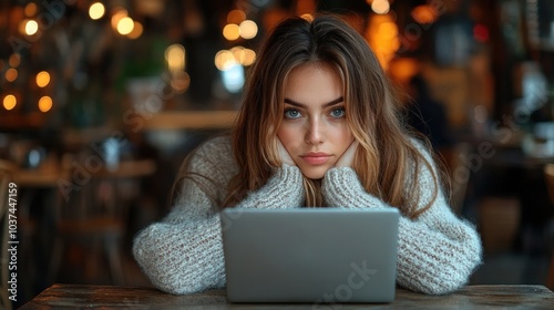 Woman struggling to concentrate while working at a noisy cafe, representing the challenges of maintaining focus in a busy environment