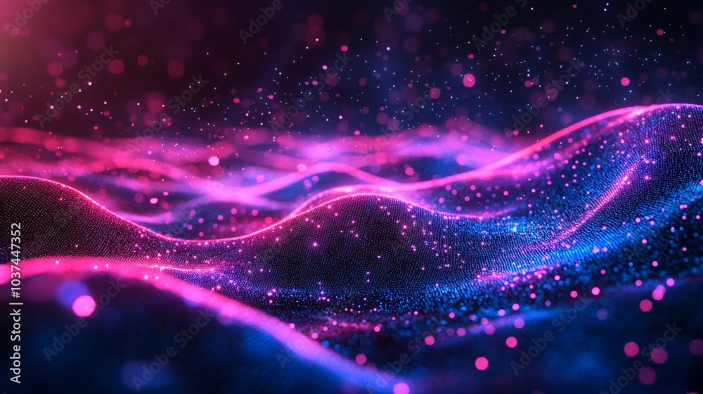 Vibrant wave of pink and blue lights in an abstract digital landscape with pulsing AI nodes and neon circuits. Vibrant wave of pink and blue lights in an abstract digital landscape with pulsing AI nodes and neon circuits.