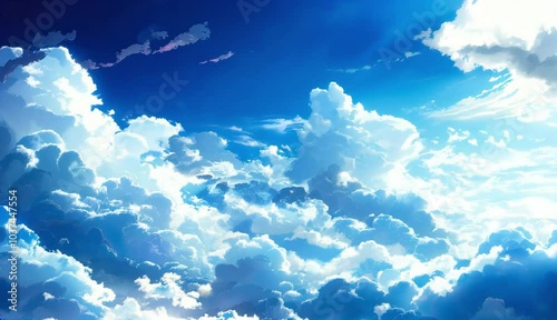 Blue sky with white clouds, Blue sky filled with white puffy clouds, Clouds moving in blue sky background photo