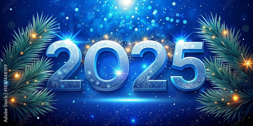 New 2025 year sparkling inscription with fir branches