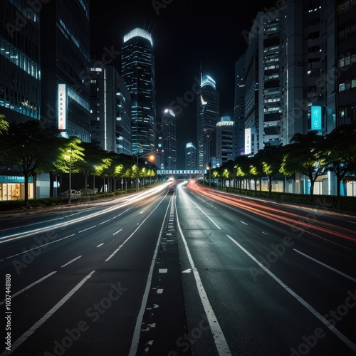 A long exposure shot of a city street at night with traffic streaks and tall buildings in the background.