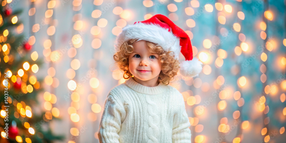 Curly-haired toddler in a Santa hat, smiling amidst a backdrop of twinkling Christmas lights, capturing the essence of holiday joy. Curly-haired toddler in a Santa hat, smiling amidst a backdrop of twinkling Christmas lights, capturing the essence of holiday joy.