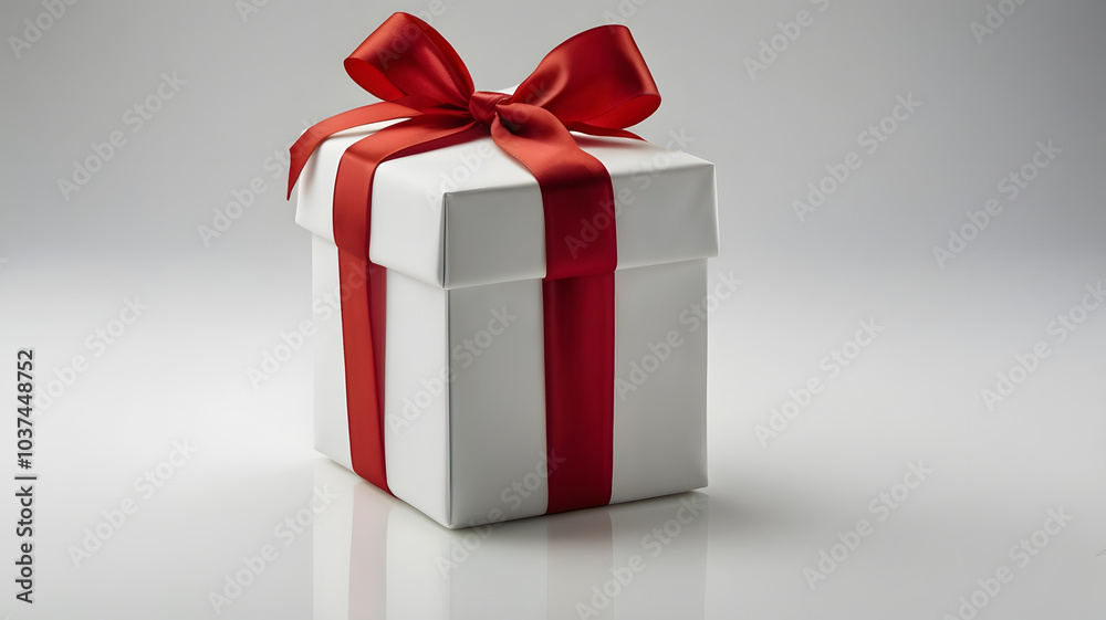 Gift Box with Red Ribbon: Elegant white gift box adorned with a vibrant ...