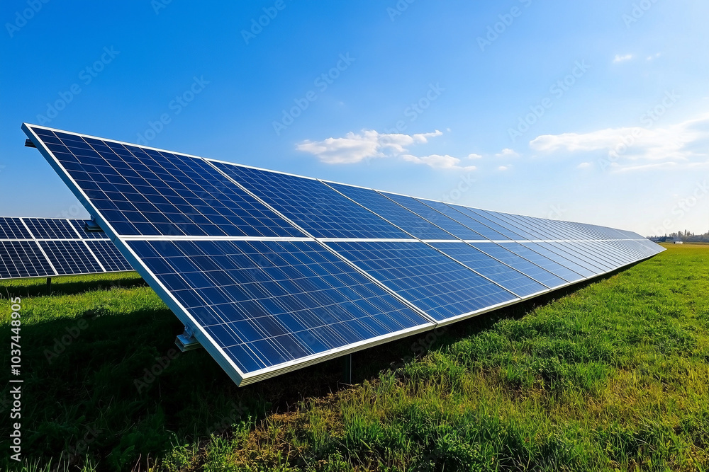 A close-up modern photograph of solar panels in a green field, with a blue sky and the sun shining on them.