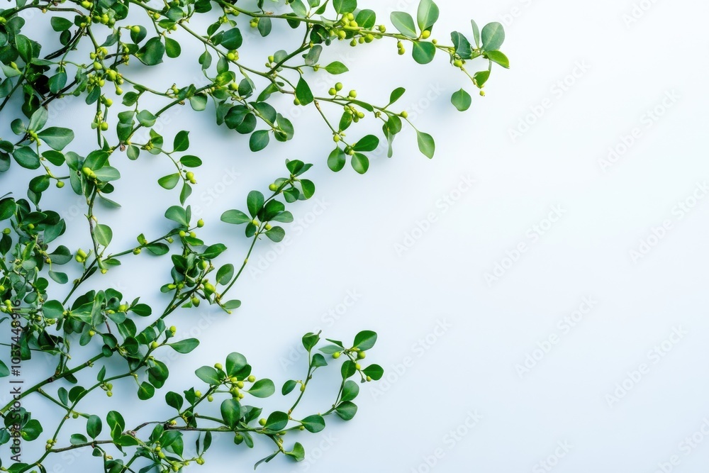 Green Leaves and Buds on a Light Blue Background Green Leaves and Buds on a Light Blue Background