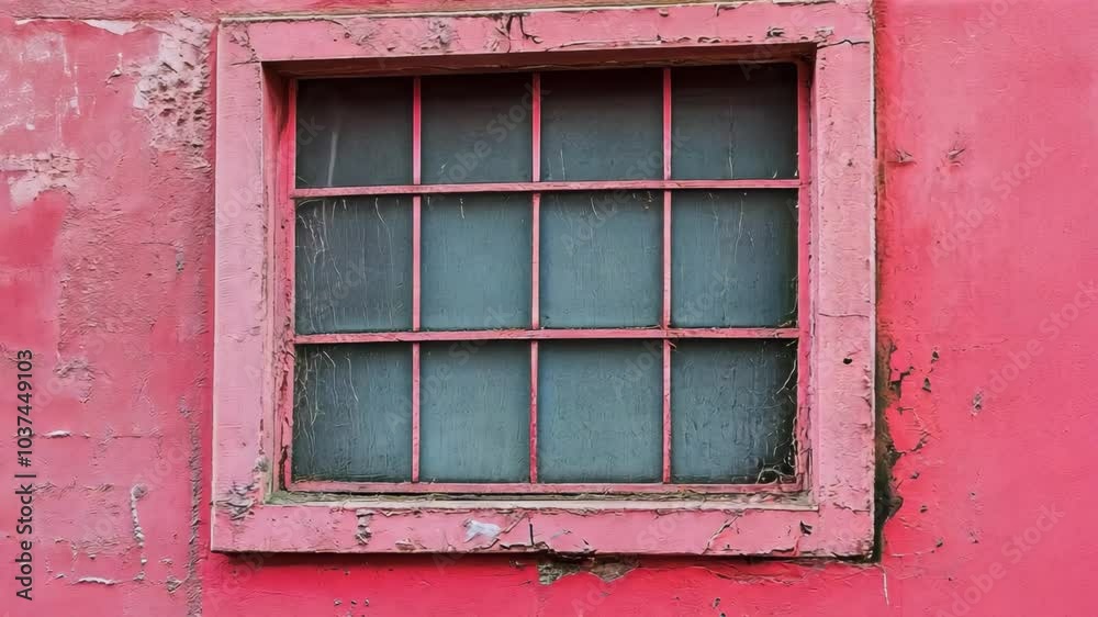 A weathered pink window with a view from an old building A weathered pink window with a view from an old building