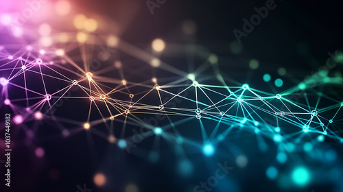 Network lines and dots on a black background for internet connection artificial intelligence and brain neural pathways. Colourful vibrant and iridescent connectivity for wifi global networking an