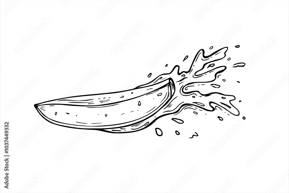 Ripe fruit slice with juice splashes vector isolated illustration painted by black inks. Mango piece in water drops hand drawn sketch. Tasty ingredient for coloring book, package decor Ripe fruit slice with juice splashes vector isolated illustration painted by black inks. Mango piece in water drops hand drawn sketch. Tasty ingredient for coloring book, package decor
