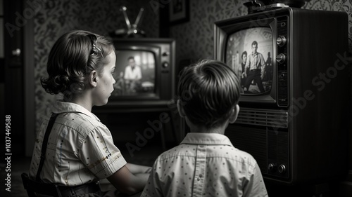 The children sit and watch black and white photographs on an old television from the 1950s.