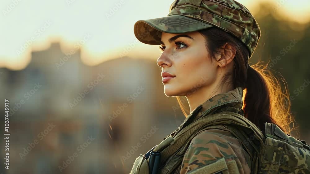 A woman in a military uniform stands in a field, gazing intently at the horizon, with the setting sun casting a warm glow on her face A woman in a military uniform stands in a field, gazing intently at the horizon, with the setting sun casting a warm glow on her face