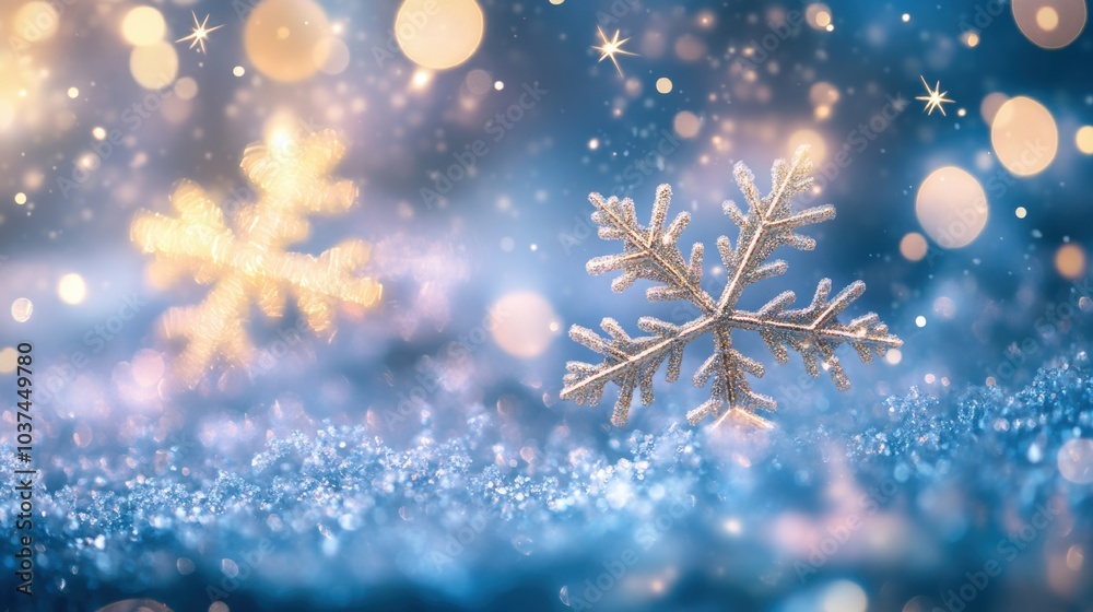 Delicate snowflakes sparkle in a dreamy winter wonderland, enhanced by warm, soft lights and a textured icy background. Generative AI Delicate snowflakes sparkle in a dreamy winter wonderland, enhanced by warm, soft lights and a textured icy background. Generative AI