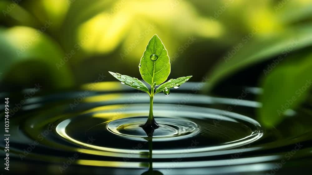 A small green plant sits in the middle of a pond, surrounded by ripples A small green plant sits in the middle of a pond, surrounded by ripples