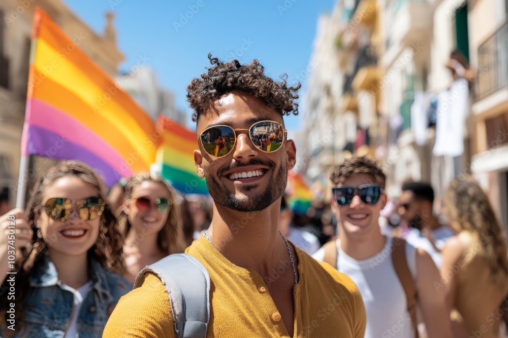 A lively pride parade full of smiling and diverse people brandishing rainbow flags and walking down the street, embodying celebration, unity, and diversity. A lively pride parade full of smiling and diverse people brandishing rainbow flags and walking down the street, embodying celebration, unity, and diversity.