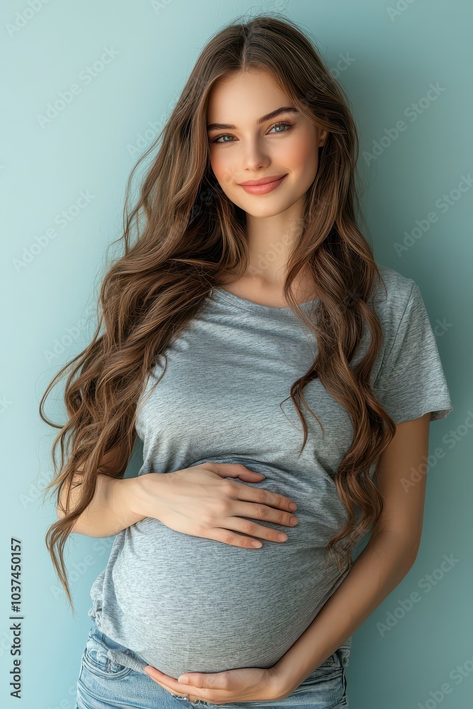 Smiling pregnant woman gently holding her belly in a soft blue dress, radiating happiness and warmth Smiling pregnant woman gently holding her belly in a soft blue dress, radiating happiness and warmth