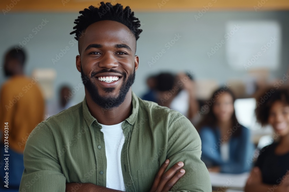Obraz premium A man exudes confidence and charisma with a wide smile and arms crossed, wearing a casual green shirt in a bright, blurred professional setting, symbolizing positivity.
