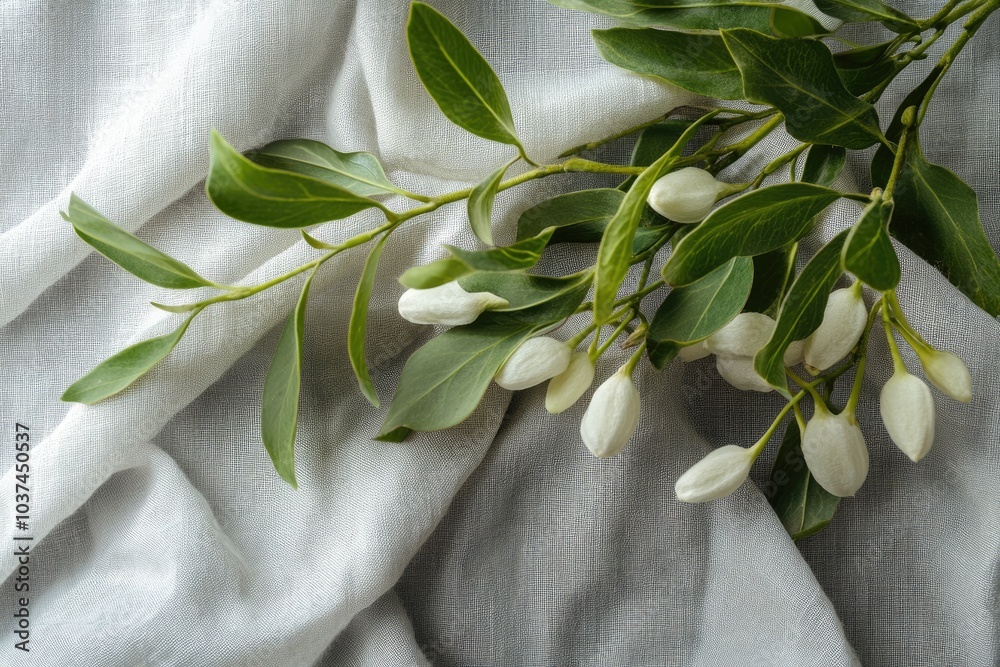 White Flowers and Green Leaves on a Crinkled White Fabric White Flowers and Green Leaves on a Crinkled White Fabric