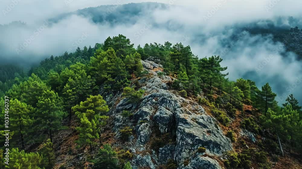 A rocky mountainside covered in pine trees is shrouded in fog on a cloudy day A rocky mountainside covered in pine trees is shrouded in fog on a cloudy day