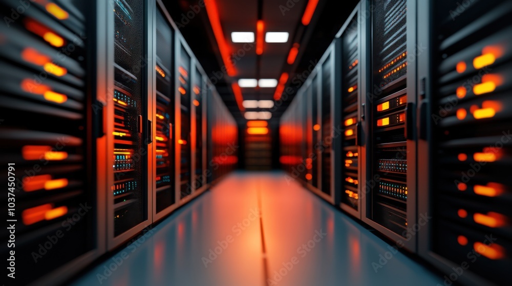 Fototapeta premium High-Tech Server Room with Vibrant Lighting