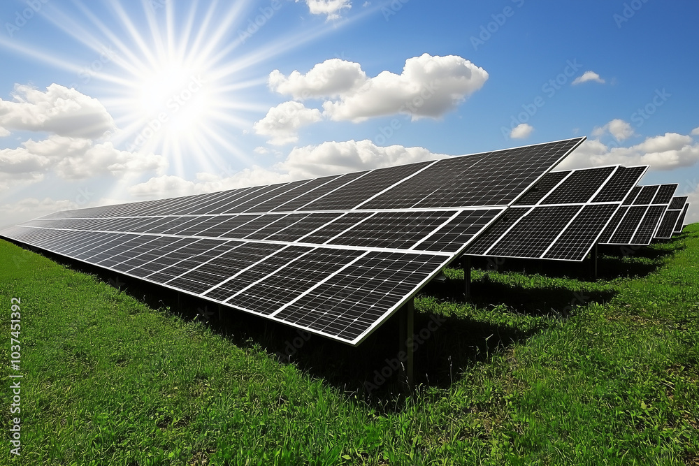 A close-up modern photograph of solar panels in a green field, with a blue sky and the sun shining on them. A close-up modern photograph of solar panels in a green field, with a blue sky and the sun shining on them.