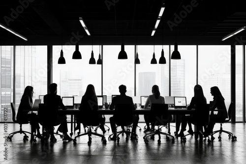 A silhouette of a business team working in a large glass office with cityscape views, conveying themes of teamwork, professionalism, and modern corporate environment. photo