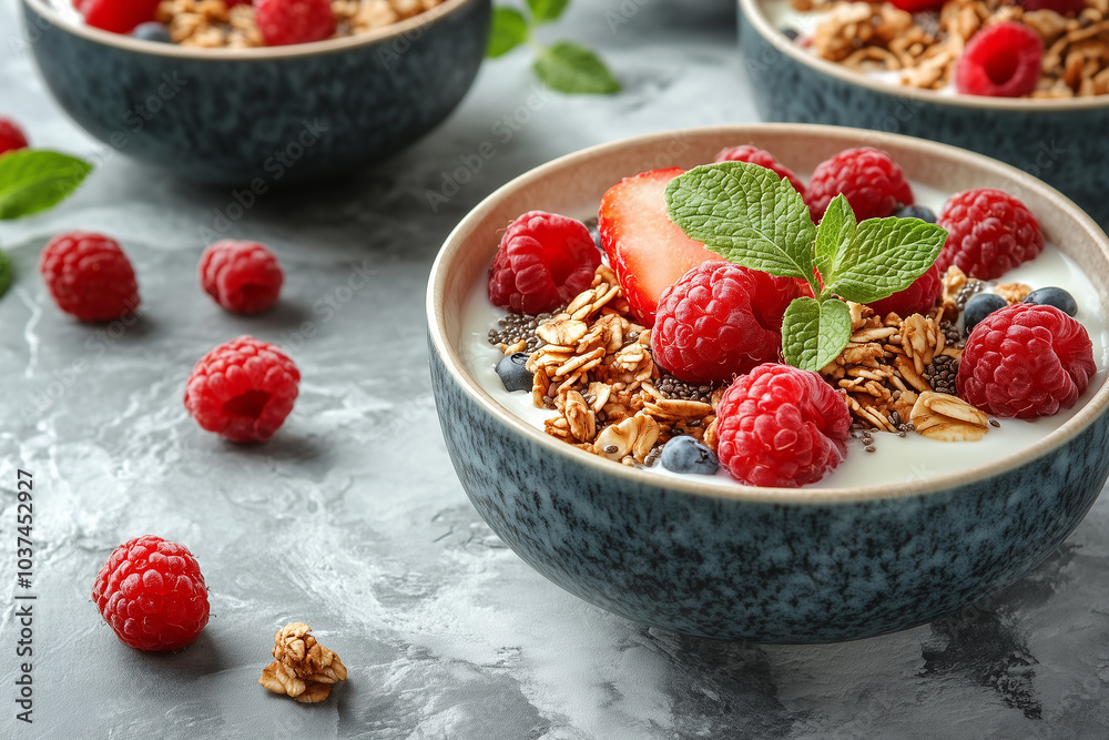Delicious yogurt bowls topped with fresh raspberries, blueberries, granola, and mint on a gray kitchen countertop Delicious yogurt bowls topped with fresh raspberries, blueberries, granola, and mint on a gray kitchen countertop