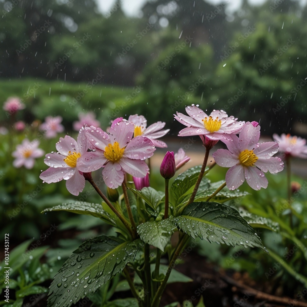 Pink flowers with yellow centers bloom in the rain, with raindrops on the petals and leaves. Pink flowers with yellow centers bloom in the rain, with raindrops on the petals and leaves.