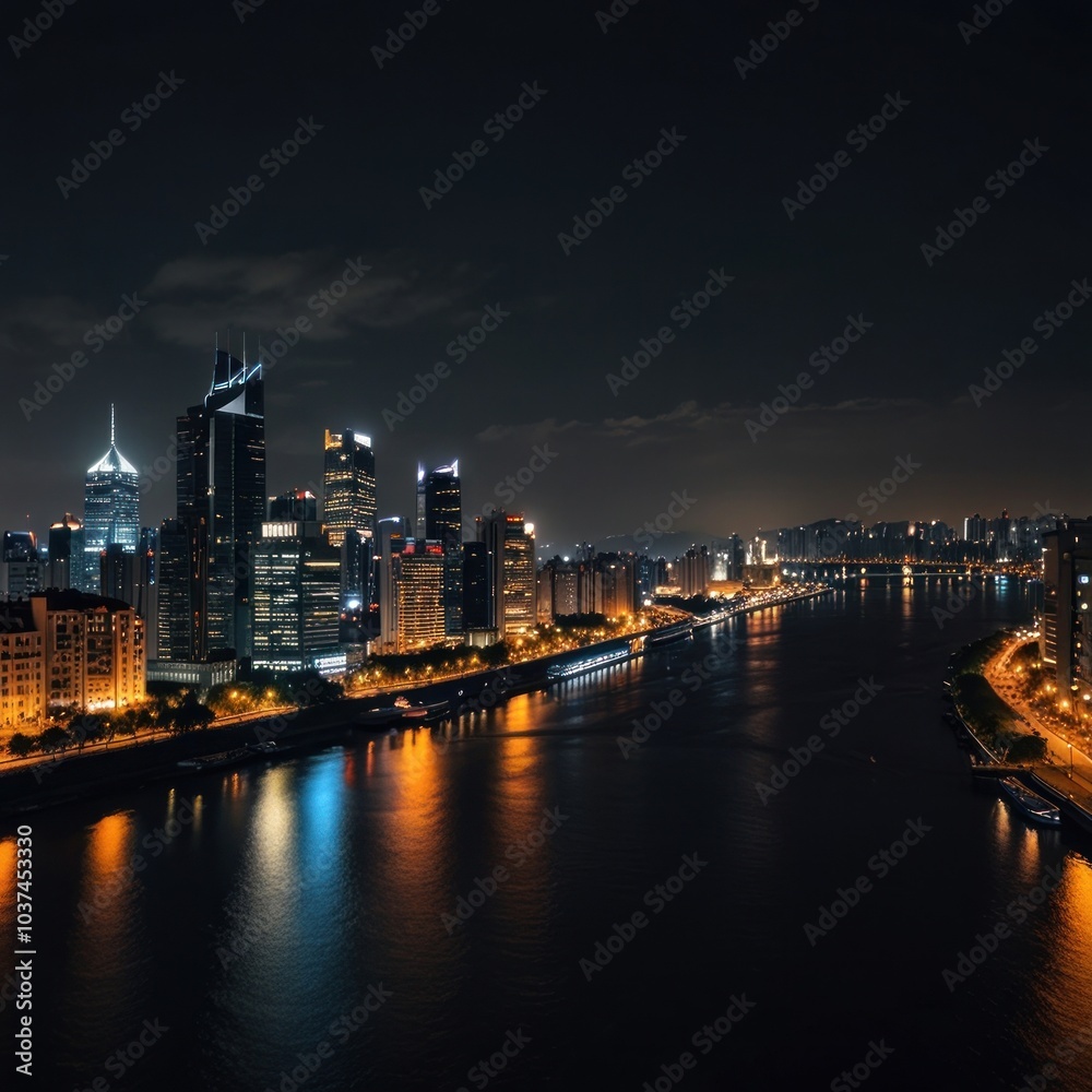 Fototapeta premium Night cityscape with a river flowing through the city with lights reflecting on the water.
