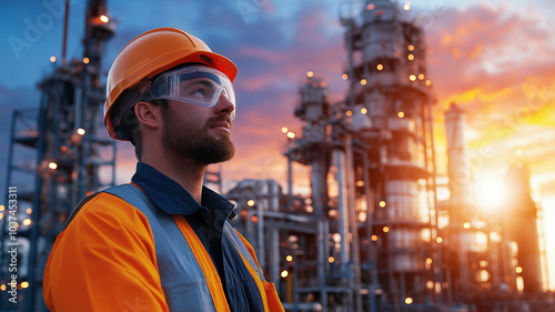 construction worker in safety gear gazes at sunset over industrial site