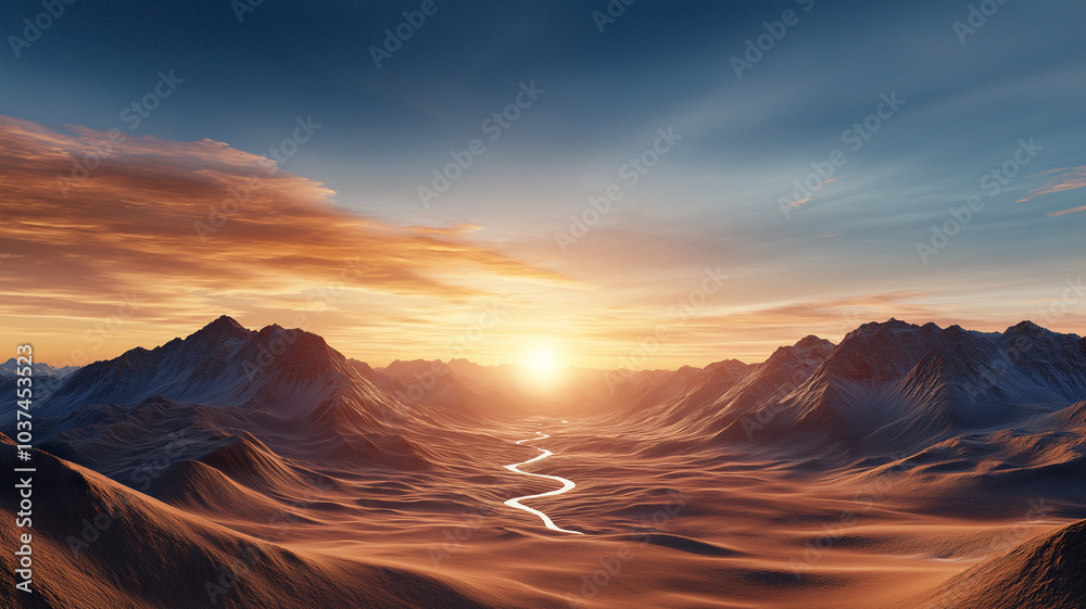 Naklejka premium breathtaking sunset over vast desert landscape with mountains and winding river