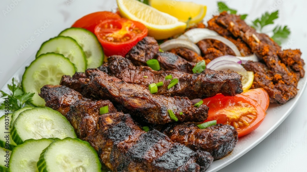 A mouthwatering platter of Nigerian suya, spicy skewered meat served with sliced onions, tomatoes A mouthwatering platter of Nigerian suya, spicy skewered meat served with sliced onions, tomatoes