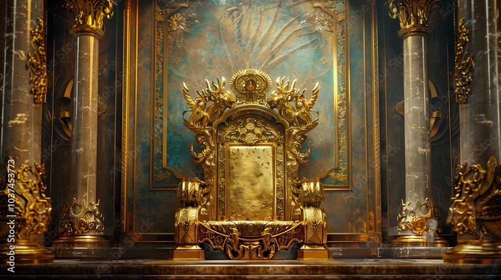 Obraz premium Dazzling crown on a throne, Glowing crown, King, Ruler, Copy space,Space for text,Generative AI,王座の上に眩い王冠、光り輝く王冠、キング、支配者、コピースペース,テキスト用スペース,Generative AI
