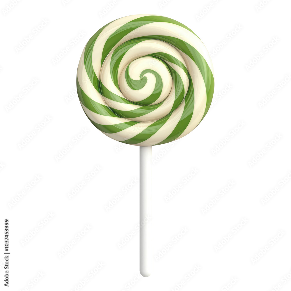 3D lollipop with a green and white swirl design, ideal for candy-themed visuals or playful illustrations. Isolated on transparent background, png. 3D lollipop with a green and white swirl design, ideal for candy-themed visuals or playful illustrations. Isolated on transparent background, png.