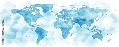 Artistic watercolor world map in light blue and white tones depicting continents and oceans in a modern style