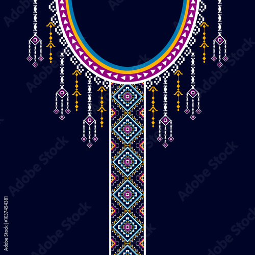 Geometric ethnic neckline pattern background. traditional style. embroidery, decoration, textile, fabric, clothing, ornament.