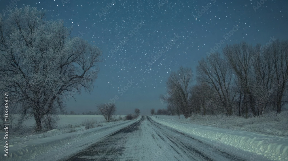 Fototapeta premium Snowy Road Under Starry Night