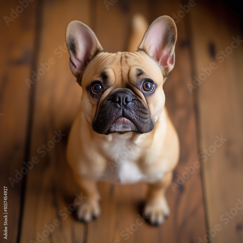 A detailed, cute French Bulldog puppy sits with its large ears and expressive eyes, capturing attention. The natural lighting enhances the adorable pet's curious and playful nature.