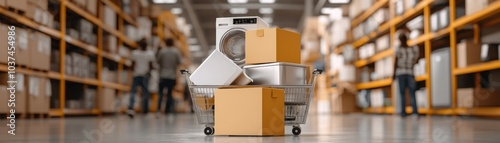 Cart Overflowing with Home Appliances in Warehouse