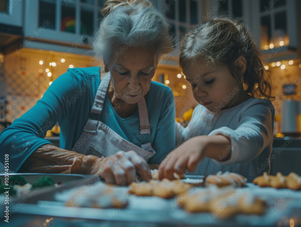 Grandmother and granddaughter are making Christmas cookies.