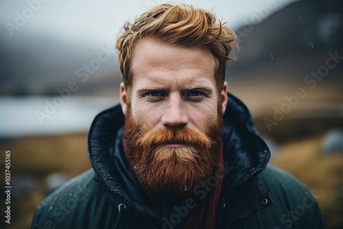 Portrait of a handsome young man with long red beard and moustache in the mountains