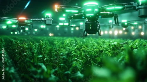 A futuristic drone with glowing green lights flies over a field of green plants. photo