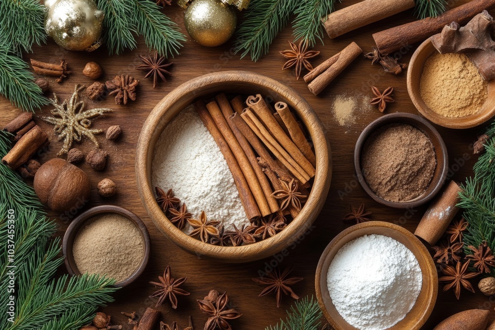 Christmas cinnamon sticks, star anise, cloves, nutmeg, brown sugar, flour Christmas cinnamon sticks, star anise, cloves, nutmeg, brown sugar, flour