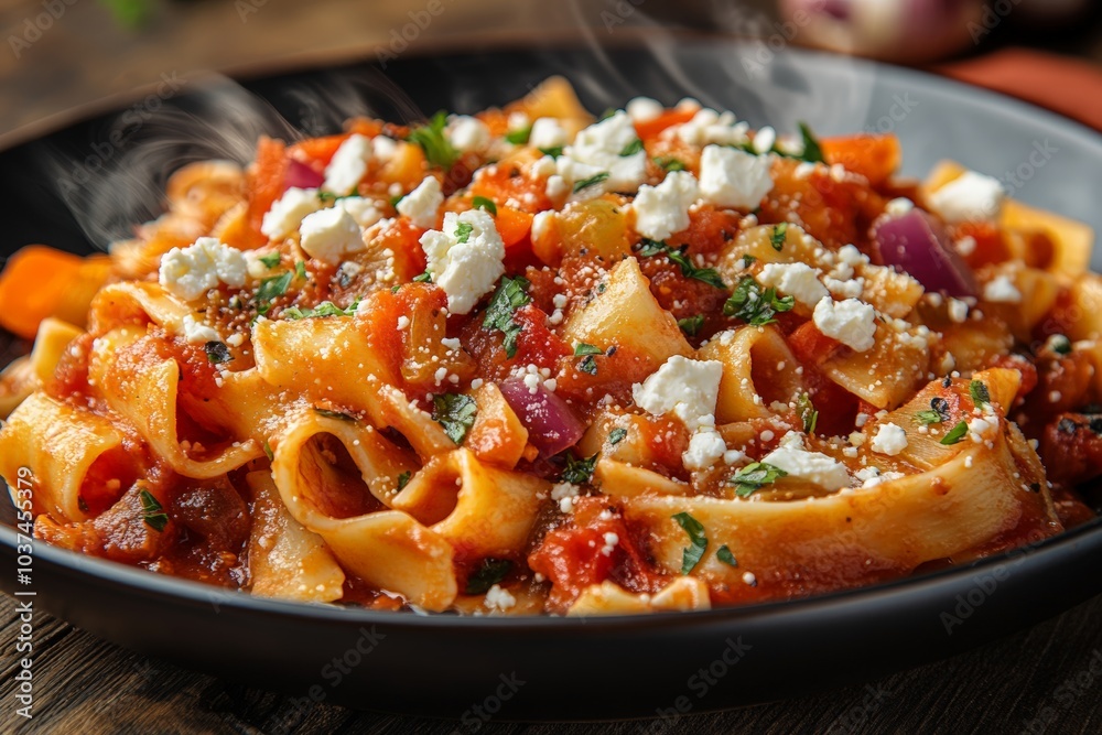 comforting pasta kritharaki, tomato sauce, with feta cheese, sauteed garlic, onion, and carrot