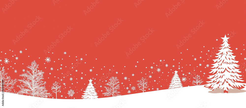Red background with Christmas trees and snowflakes, a simple vector illustration, white border, white space on the right side of the design, high resolution, 