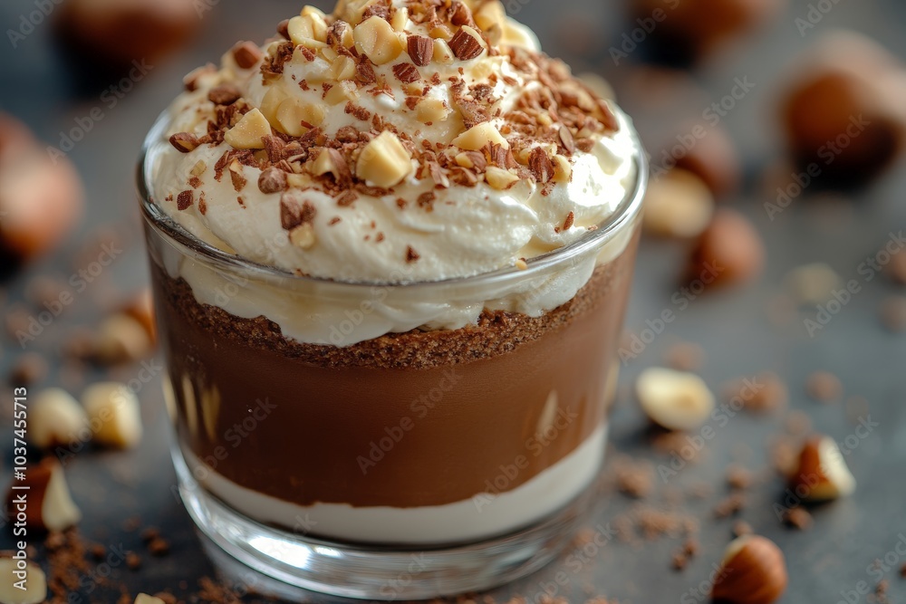 layered dessert in a glass jar, showcasing a smooth chocolate mousse layer, a creamy layer of whipped cream mixed with chestnut puree, and a final layer of cream cheese layered dessert in a glass jar, showcasing a smooth chocolate mousse layer, a creamy layer of whipped cream mixed with chestnut puree, and a final layer of cream cheese